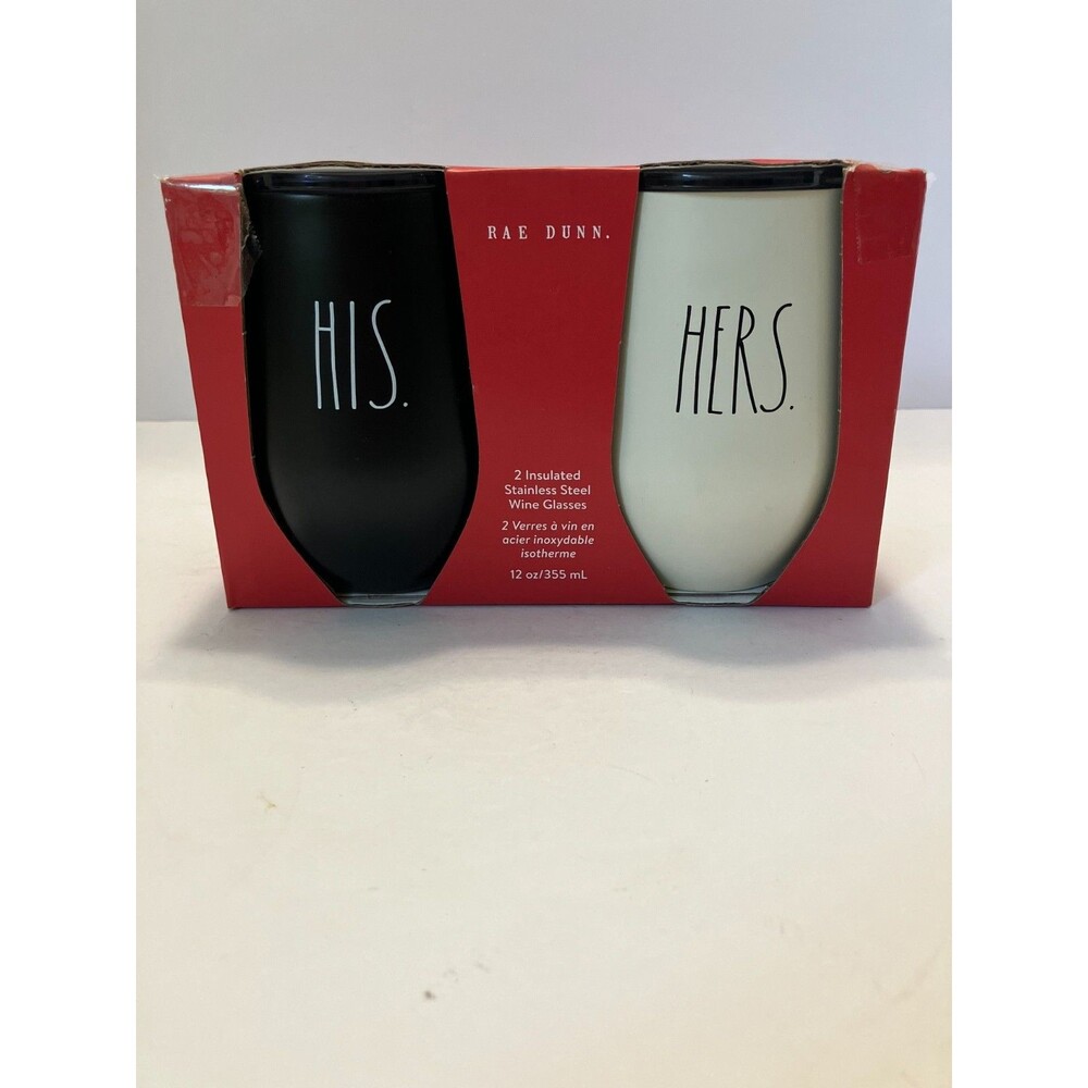 Rae Dunn HIS HERS Insulated Stainless Steel Wine Glasses Set of 2 12 oz NIB 2020